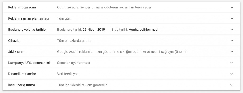 Reklam Grubu Ayarları: Diğer Ayarlar